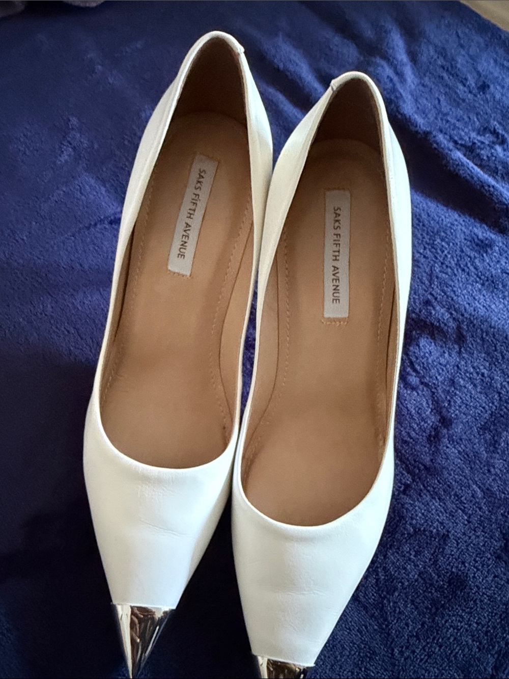 Saks Fifth Avenue White Pointed Toe Heels with Silver Cap